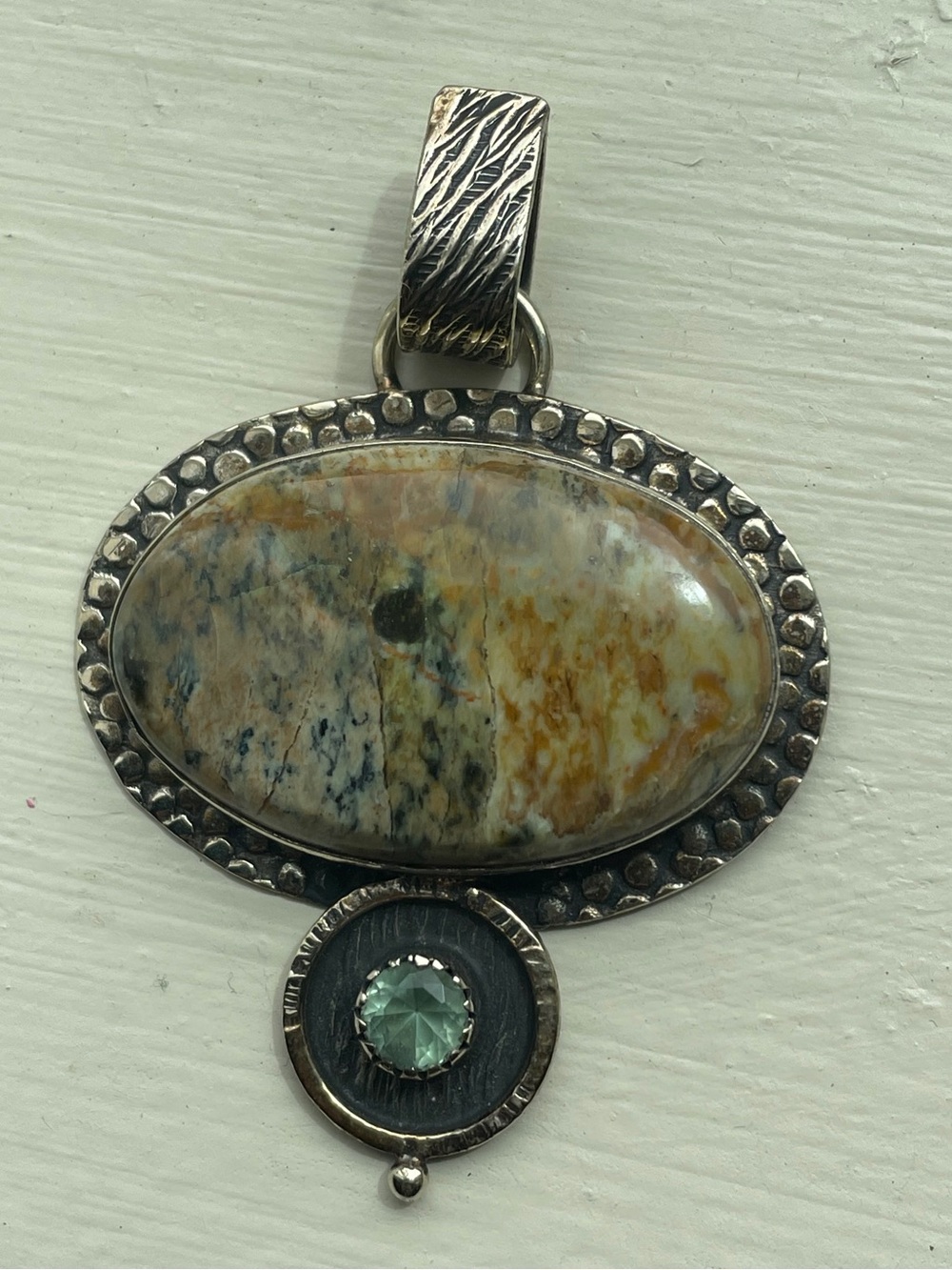 Sterling Silver Agate and Green Crystal Pendant - Multicolor Jasper/Agate